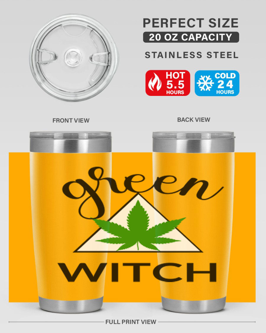 Green cannabis themed tumbler with double wall vacuum insulation and drink-thru lid, perfect for hot and cold beverages.