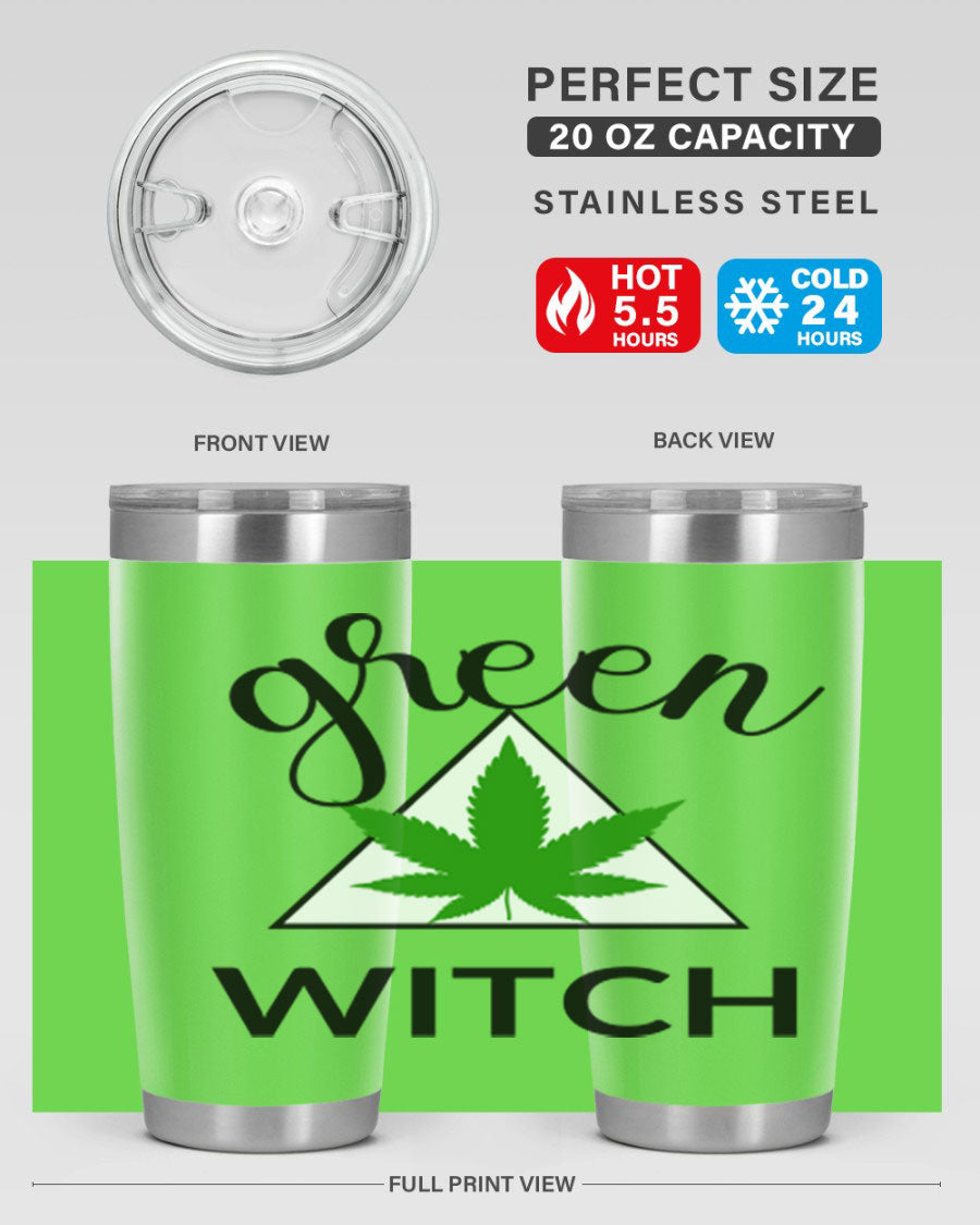 Green cannabis themed tumbler with double wall vacuum insulation and drink-thru lid, perfect for hot and cold beverages.
