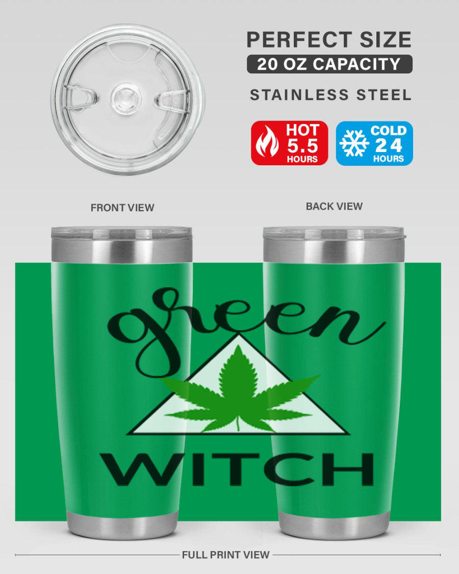 Green cannabis themed tumbler with double wall vacuum insulation and drink-thru lid, perfect for hot and cold beverages.