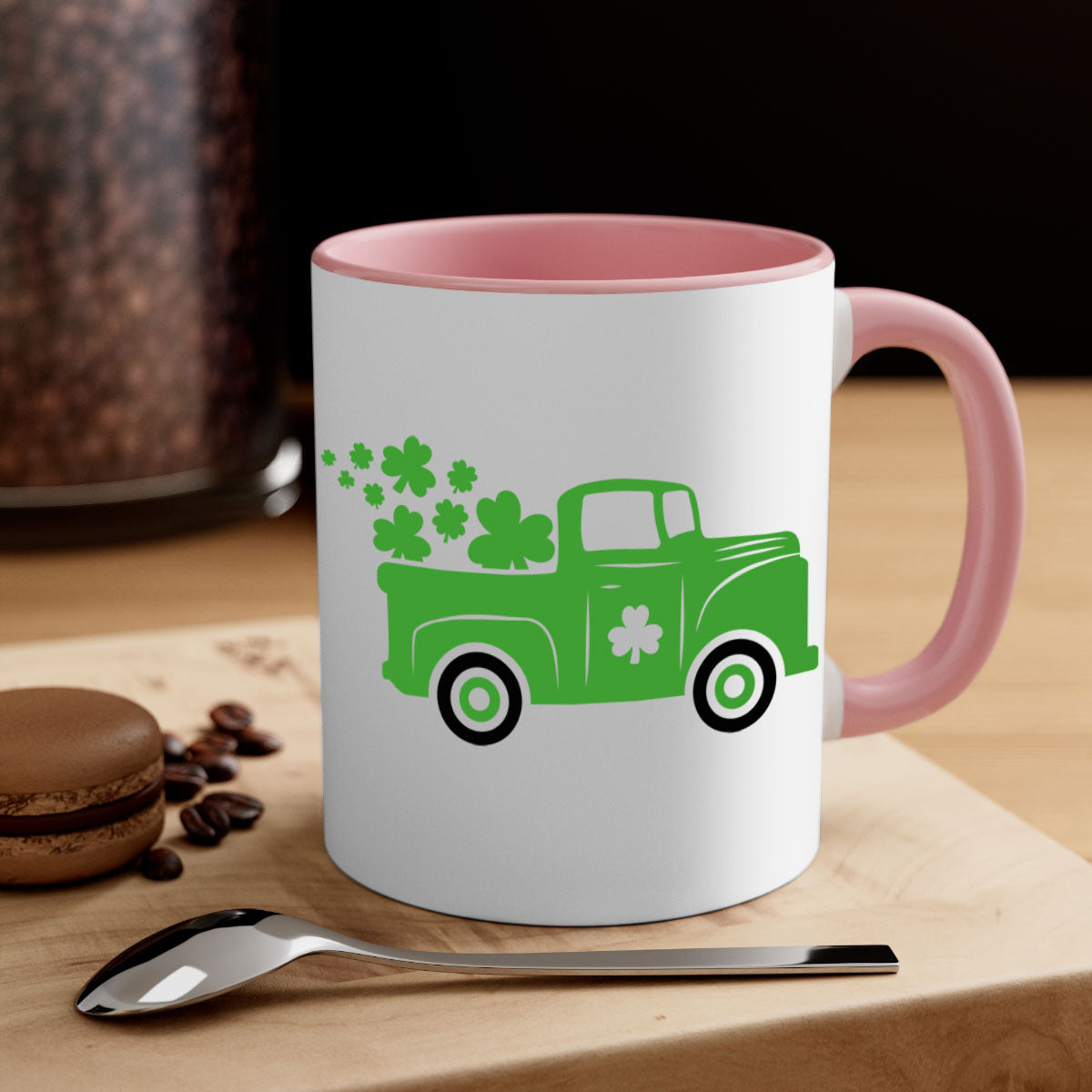 Green Truck Style 97# Mug with two-tone design, featuring a colored handle and glossy finish, perfect for St. Patrick's Day.