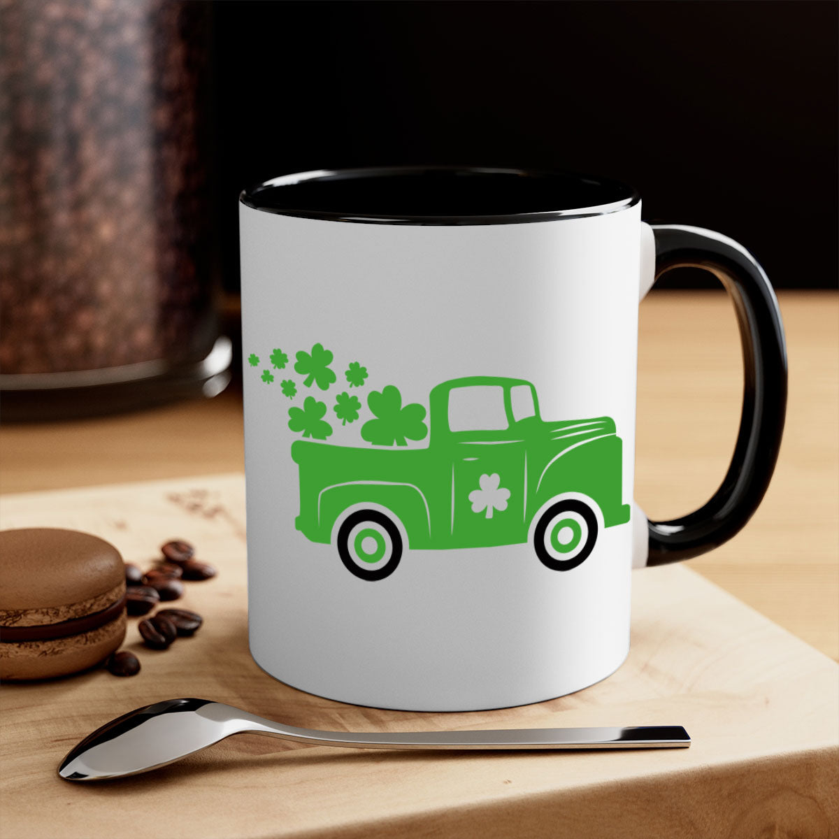 Green Truck Style 97# Mug with two-tone design, featuring a colored handle and glossy finish, perfect for St. Patrick's Day.