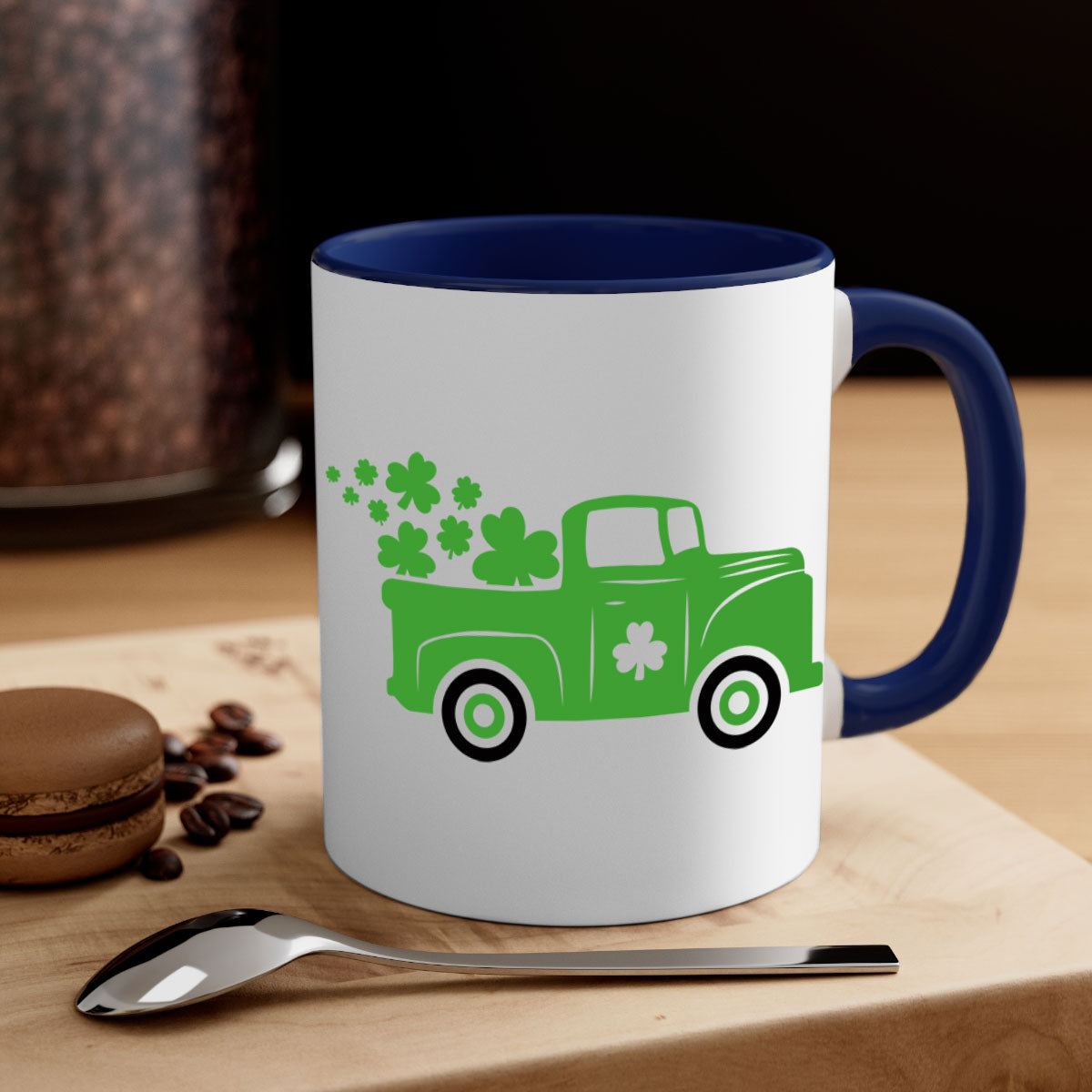 Green Truck Style 97# Mug with two-tone design, featuring a colored handle and glossy finish, perfect for St. Patrick's Day.