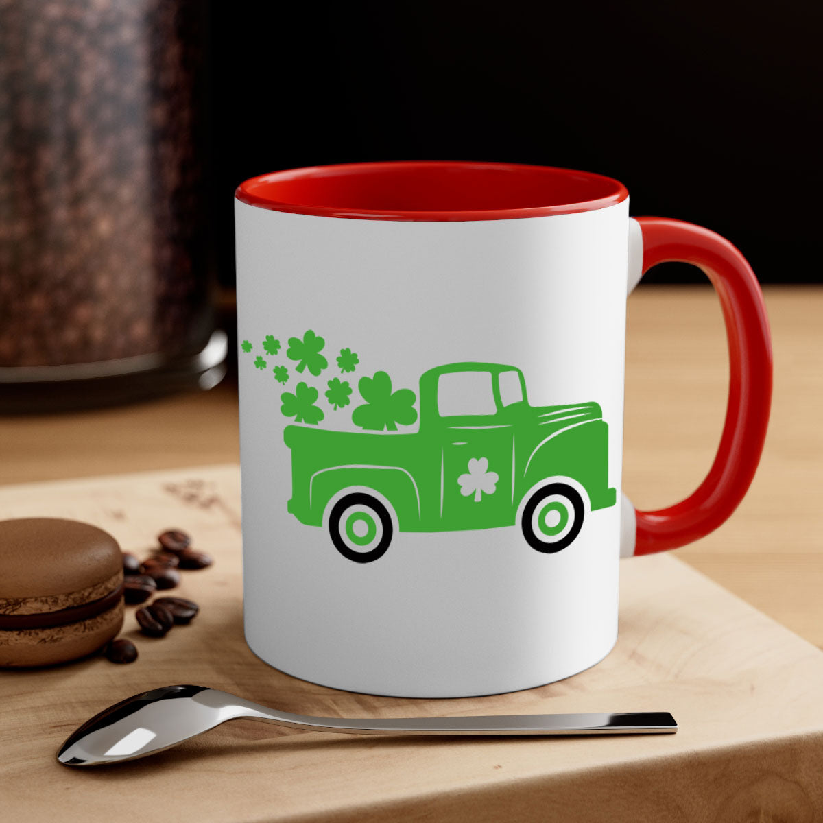 Green Truck Style 97# Mug with two-tone design, featuring a colored handle and glossy finish, perfect for St. Patrick's Day.