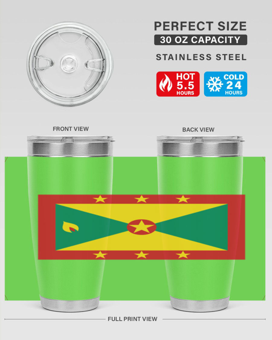 Grenada 130# Tumbler featuring vibrant Grenada flag design, double wall vacuum insulation, and stainless steel construction.