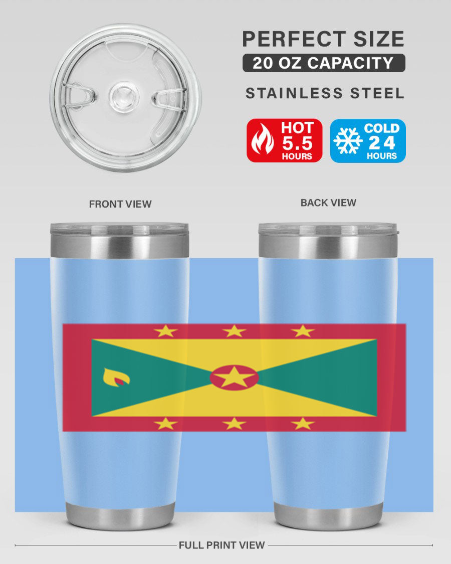 Grenada 130# Tumbler featuring vibrant Grenada flag design, double wall vacuum insulation, and stainless steel construction.