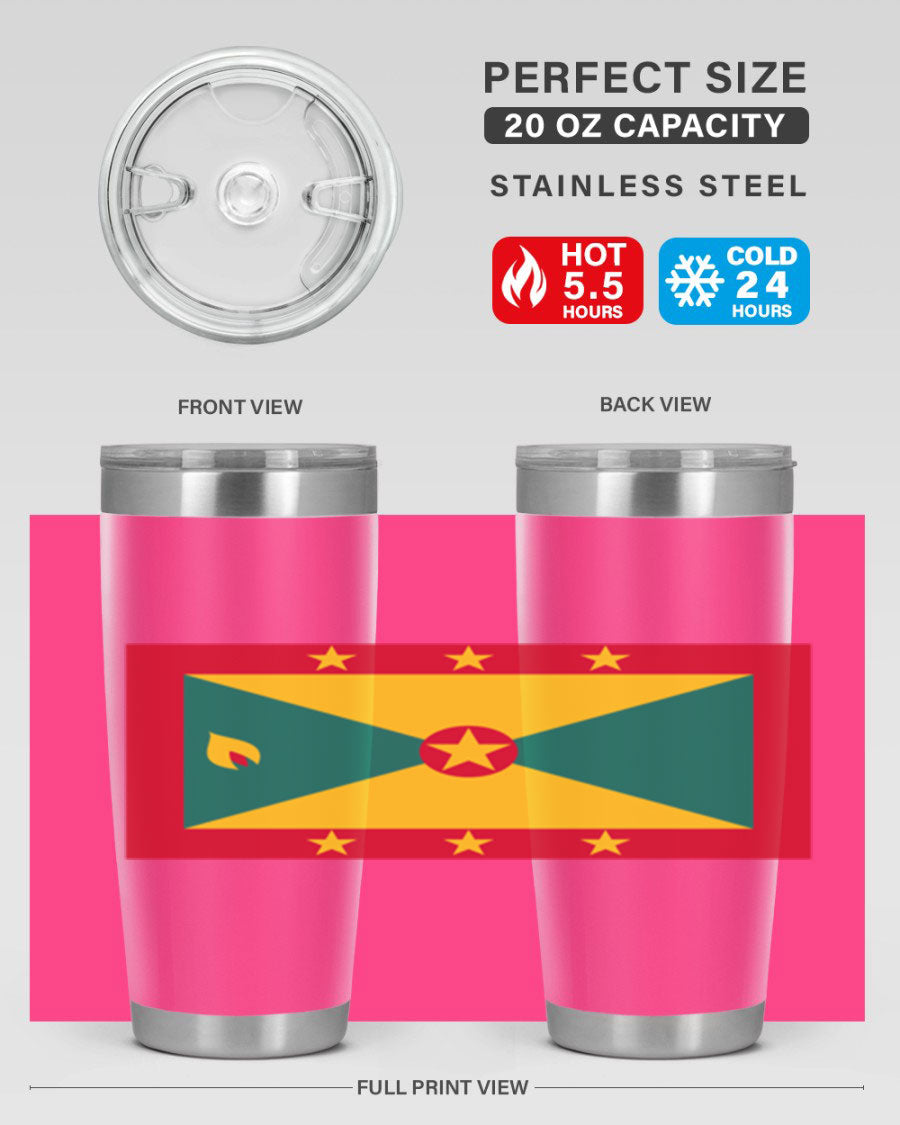 Grenada 130# Tumbler featuring vibrant Grenada flag design, double wall vacuum insulation, and stainless steel construction.