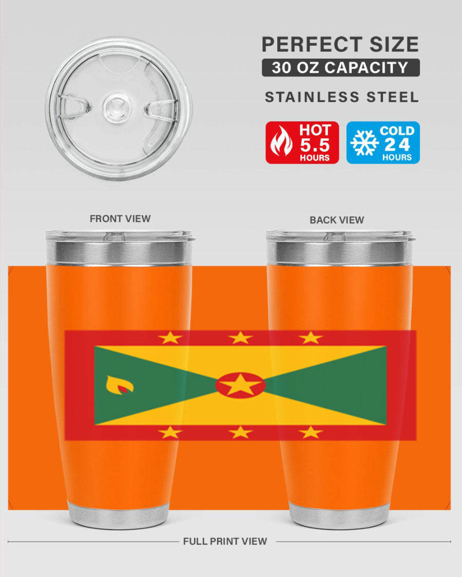 Grenada 130# Tumbler featuring vibrant Grenada flag design, double wall vacuum insulation, and stainless steel construction.