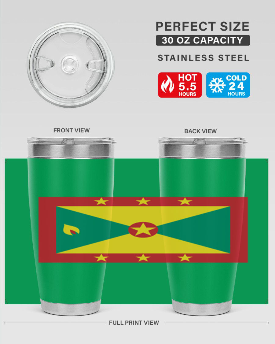 Grenada 130# Tumbler featuring vibrant Grenada flag design, double wall vacuum insulation, and stainless steel construction.