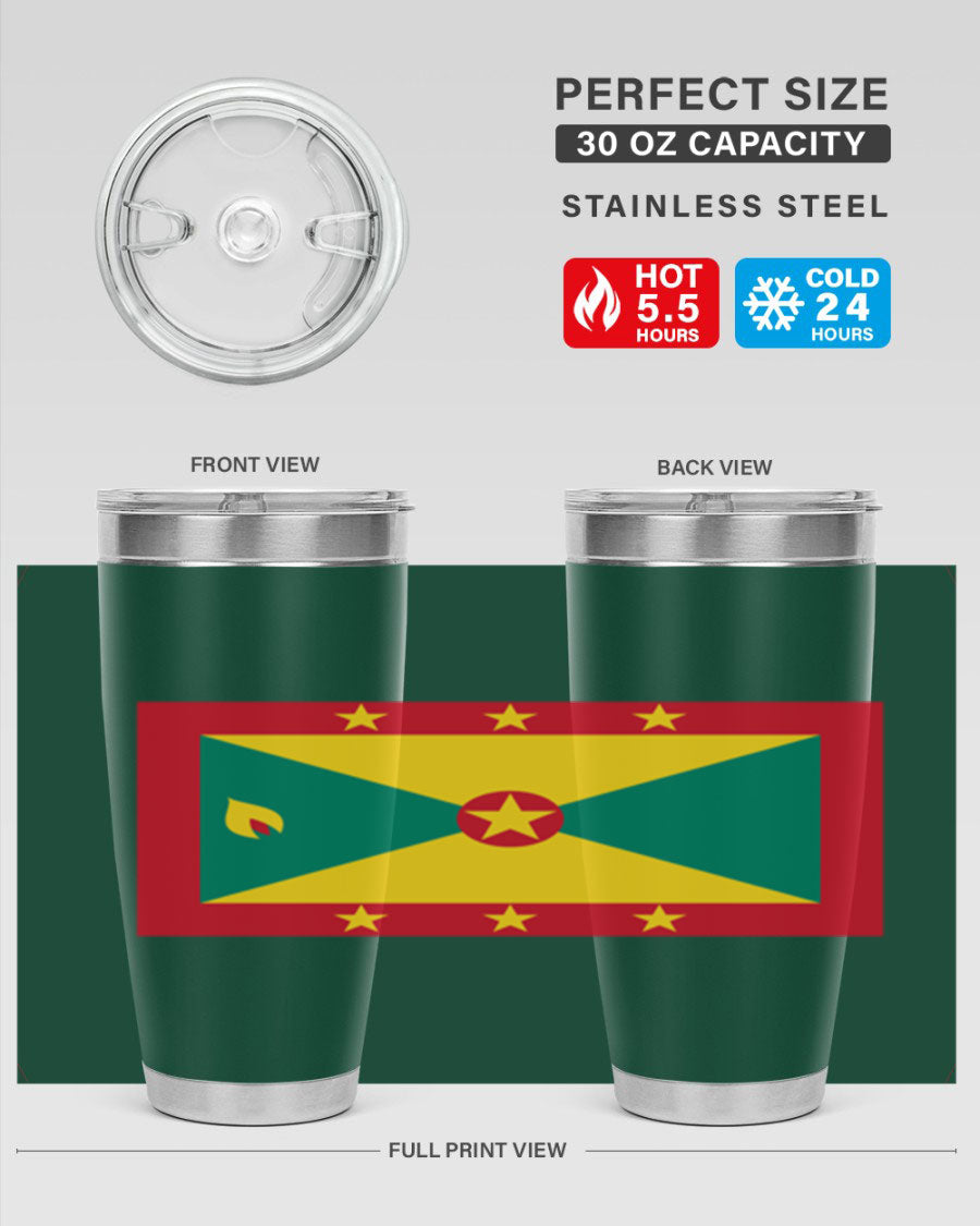 Grenada 130# Tumbler featuring vibrant Grenada flag design, double wall vacuum insulation, and stainless steel construction.