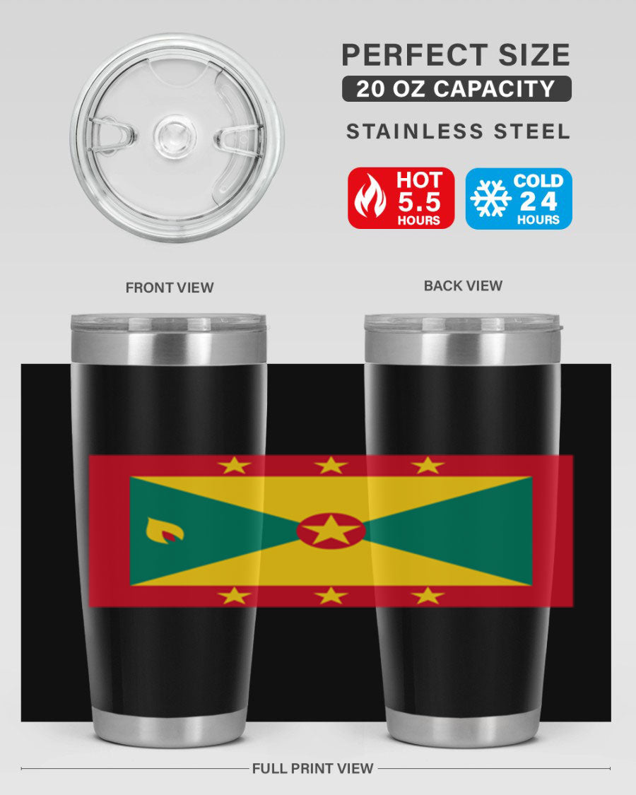 Grenada 130# Tumbler featuring vibrant Grenada flag design, double wall vacuum insulation, and stainless steel construction.