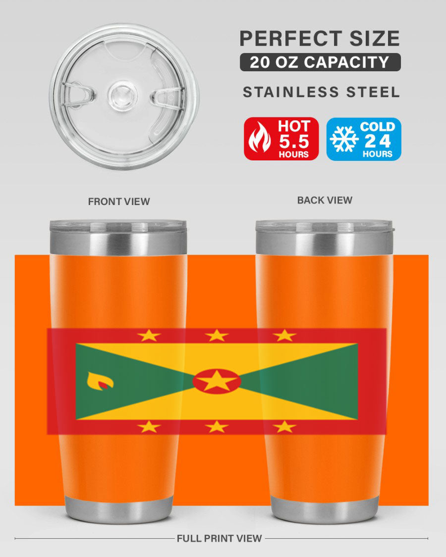 Grenada 130# Tumbler featuring vibrant Grenada flag design, double wall vacuum insulation, and stainless steel construction.