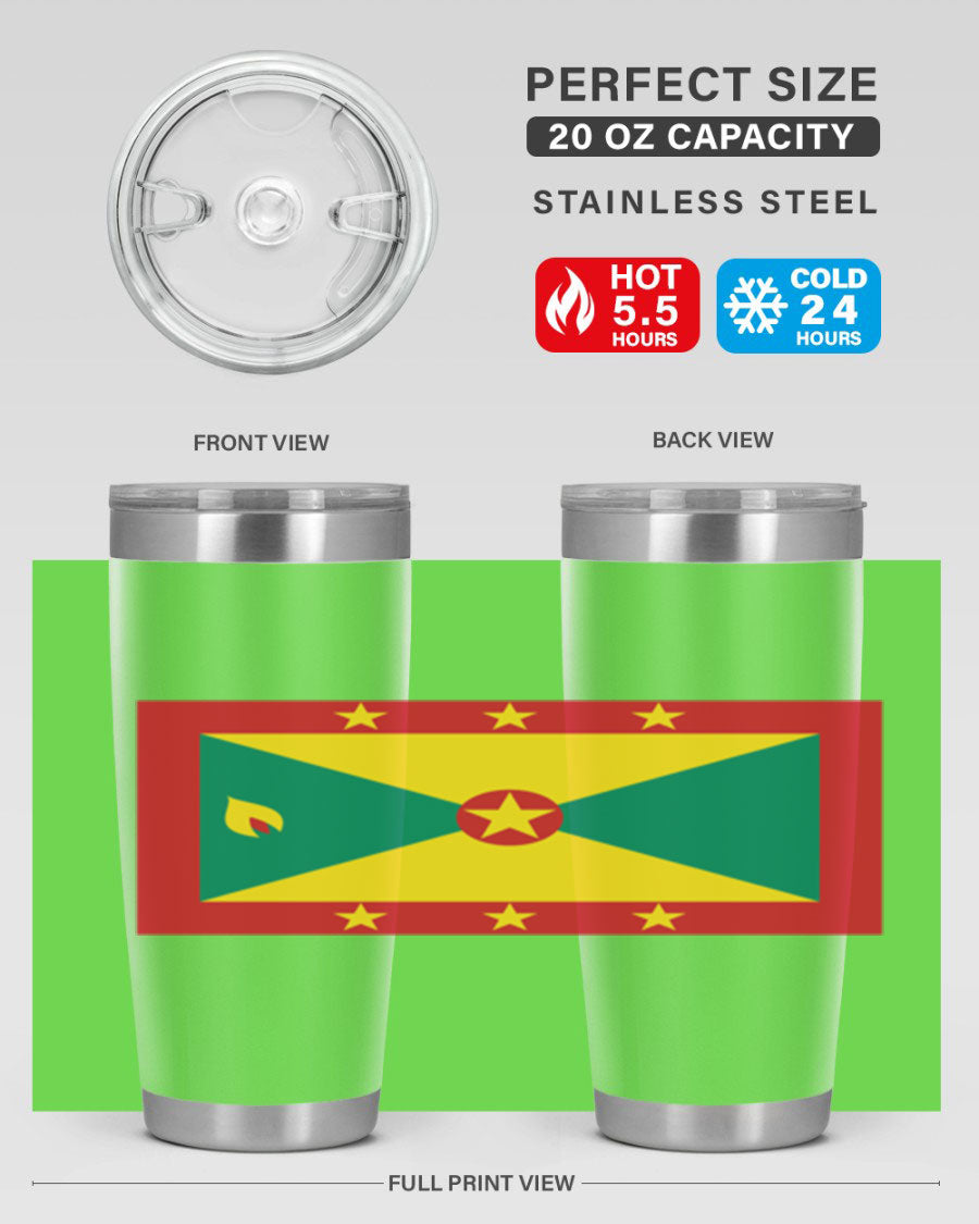 Grenada 130# Tumbler featuring vibrant Grenada flag design, double wall vacuum insulation, and stainless steel construction.