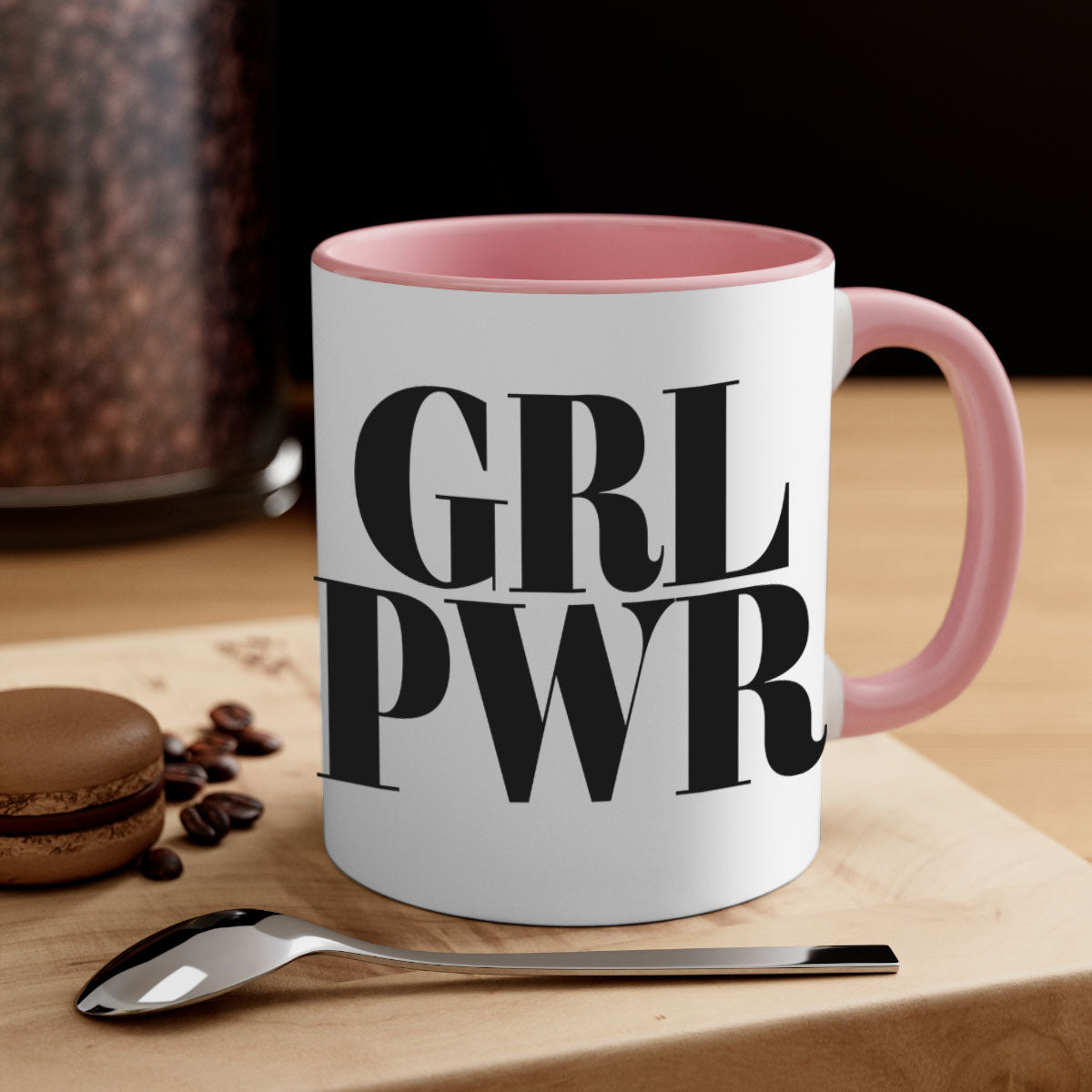 A stylish grl pwr 141# Mug with black words and phrases, featuring a glossy finish and a colored handle, available in multiple colors.