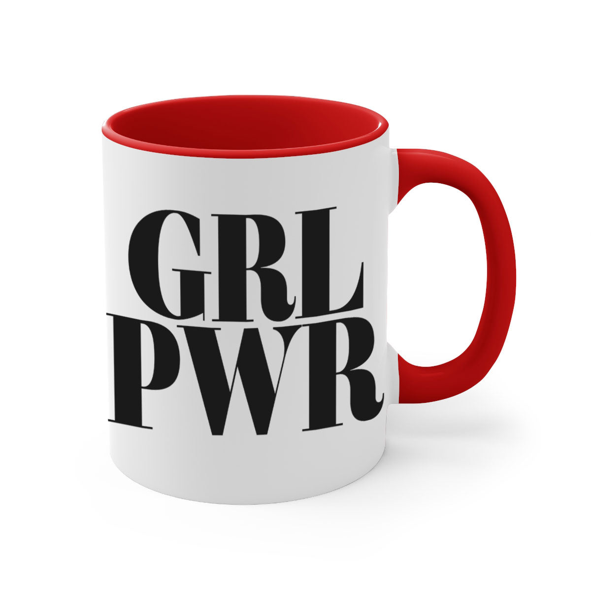 A stylish grl pwr 141# Mug with black words and phrases, featuring a glossy finish and a colored handle, available in multiple colors.