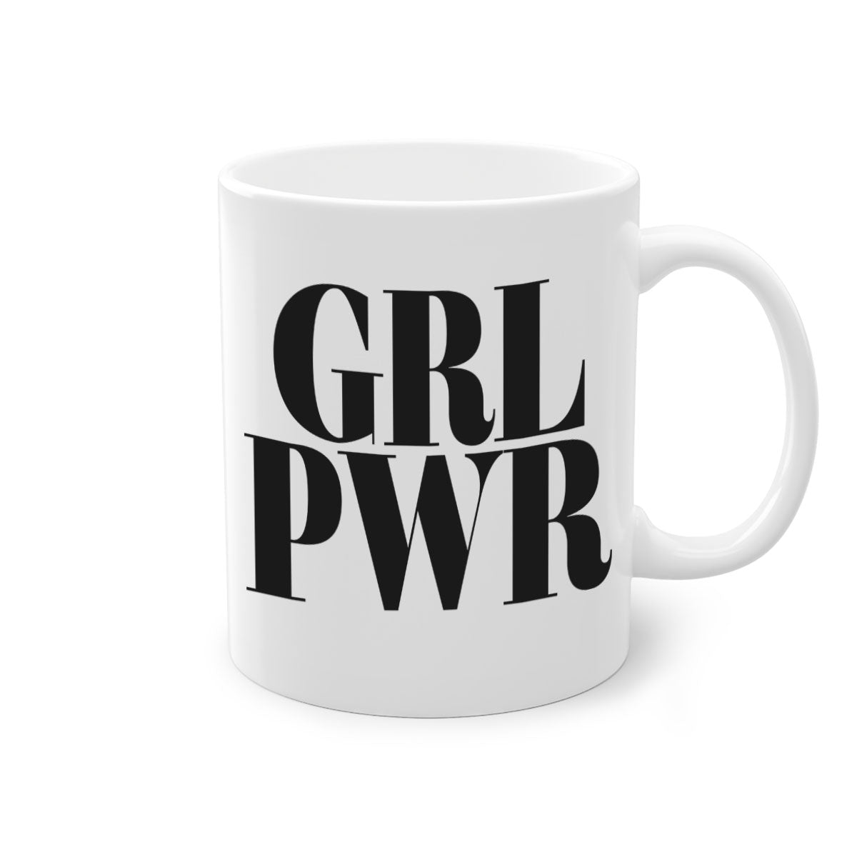 A stylish grl pwr 141# Mug with black words and phrases, featuring a glossy finish and a colored handle, available in multiple colors.