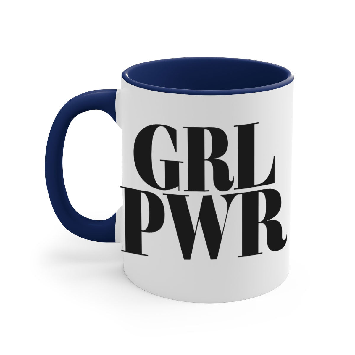 A stylish grl pwr 141# Mug with black words and phrases, featuring a glossy finish and a colored handle, available in multiple colors.