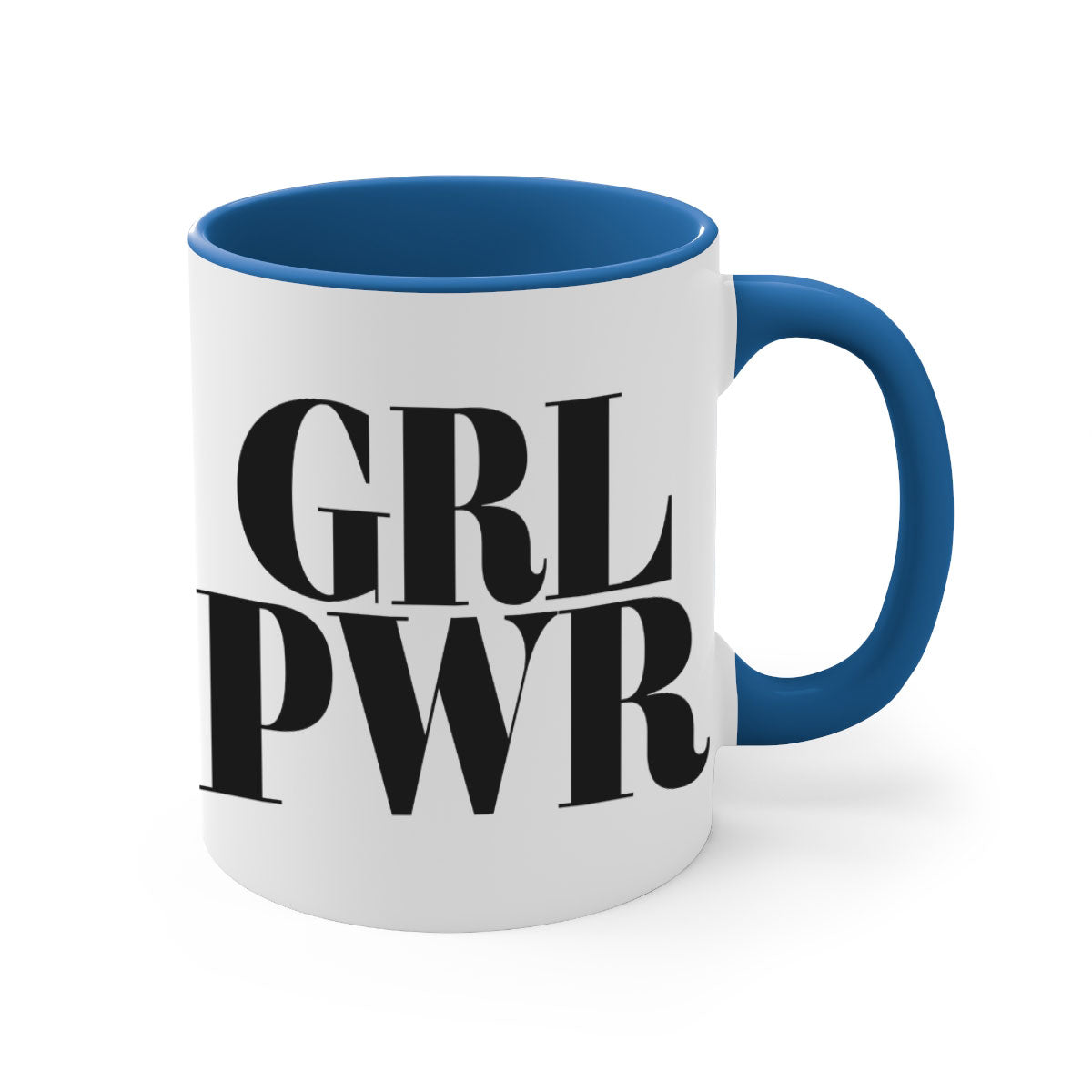 A stylish grl pwr 141# Mug with black words and phrases, featuring a glossy finish and a colored handle, available in multiple colors.