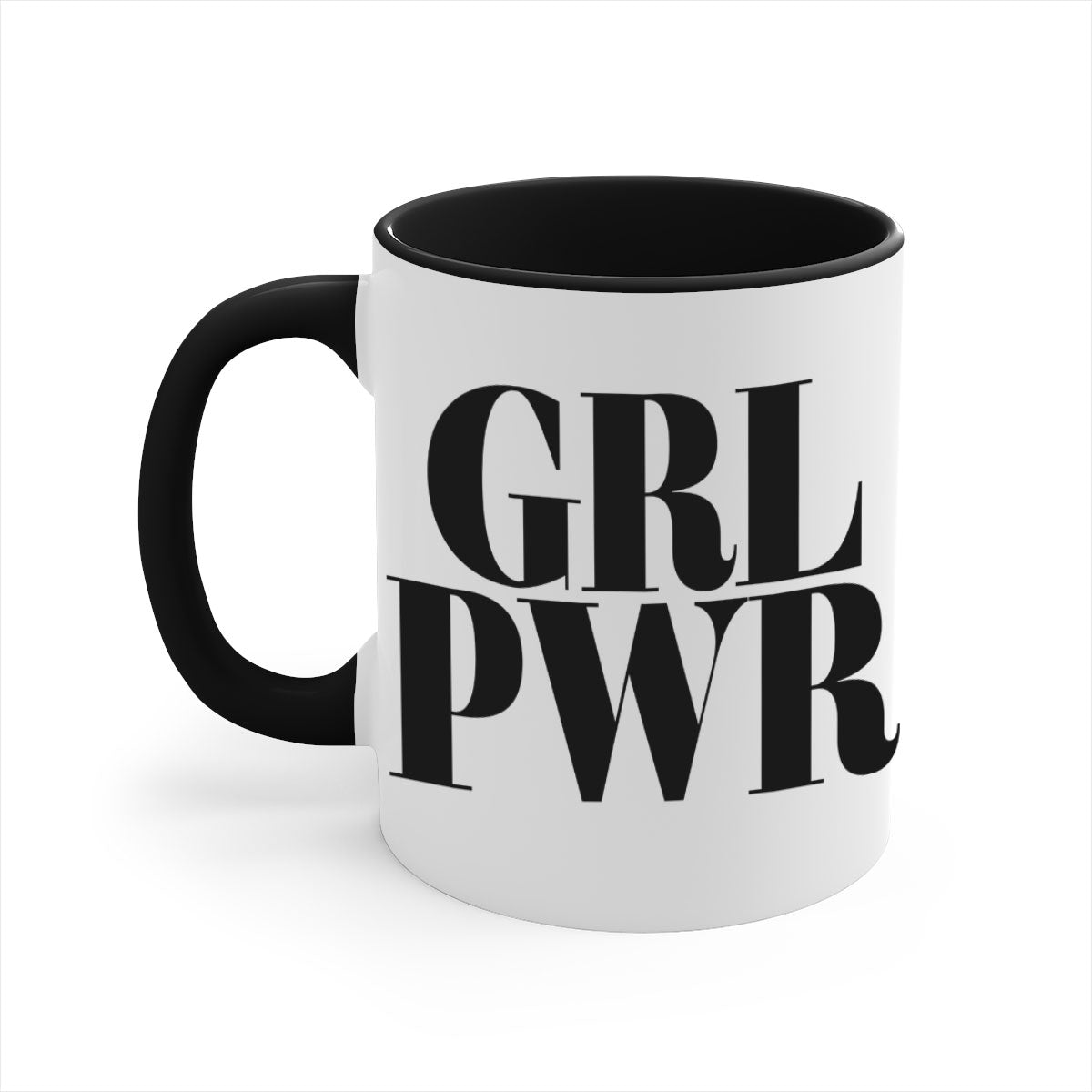 A stylish grl pwr 141# Mug with black words and phrases, featuring a glossy finish and a colored handle, available in multiple colors.