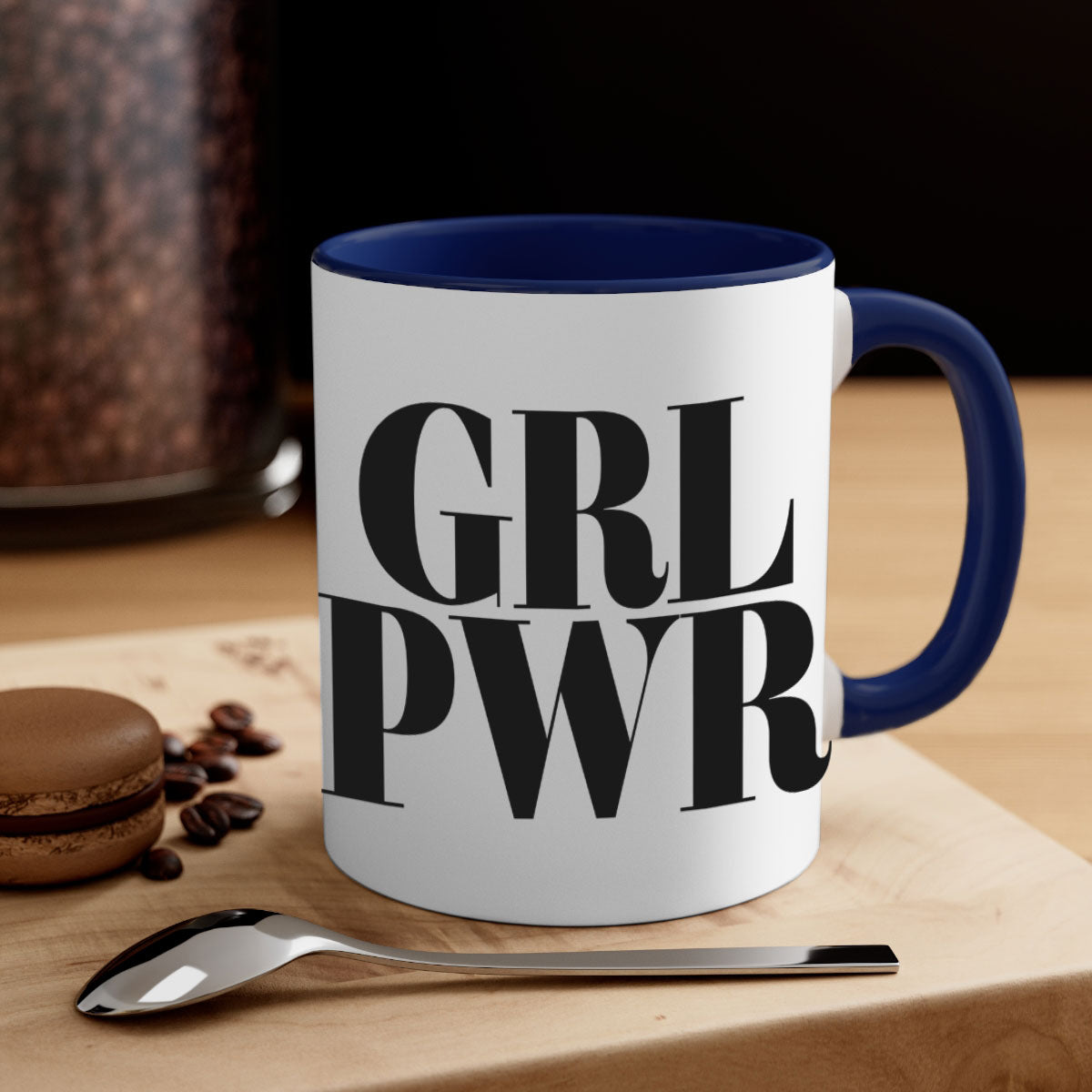 A stylish grl pwr 141# Mug with black words and phrases, featuring a glossy finish and a colored handle, available in multiple colors.