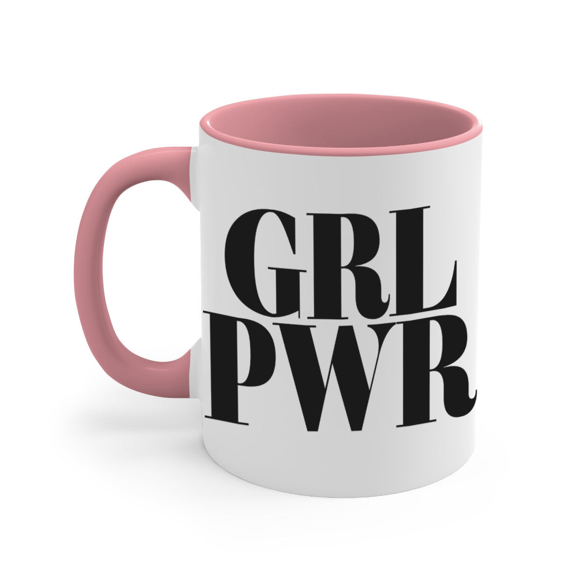A stylish grl pwr 141# Mug with black words and phrases, featuring a glossy finish and a colored handle, available in multiple colors.