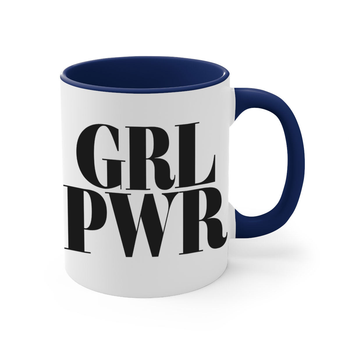 A stylish grl pwr 141# Mug with black words and phrases, featuring a glossy finish and a colored handle, available in multiple colors.