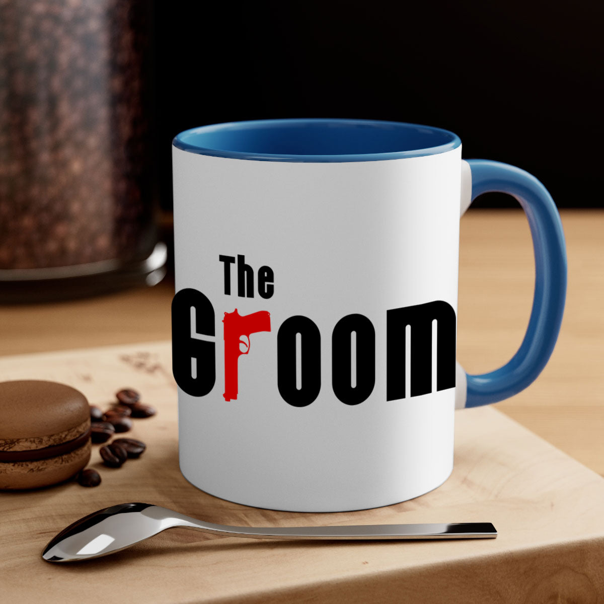 Groom 8# Mug featuring a glossy finish, colored handle, and interior, available in multiple colors and sizes.