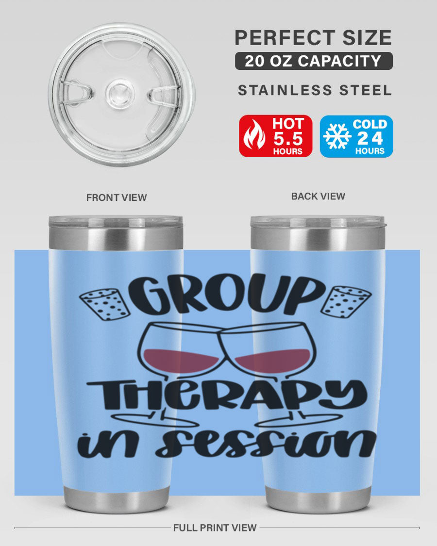 Group Therapy in Session 20oz Tumbler made of stainless steel with a copper lining, featuring a drink-thru lid, ideal for hot and cold beverages.