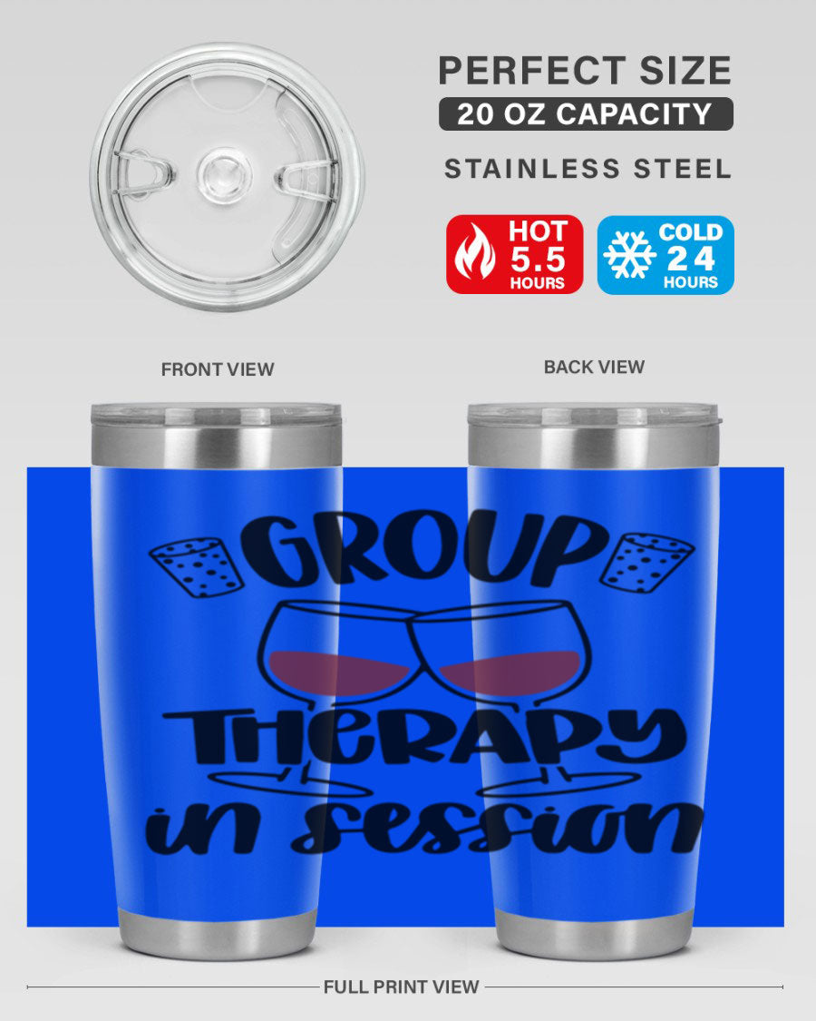 Group Therapy in Session 20oz Tumbler made of stainless steel with a copper lining, featuring a drink-thru lid, ideal for hot and cold beverages.