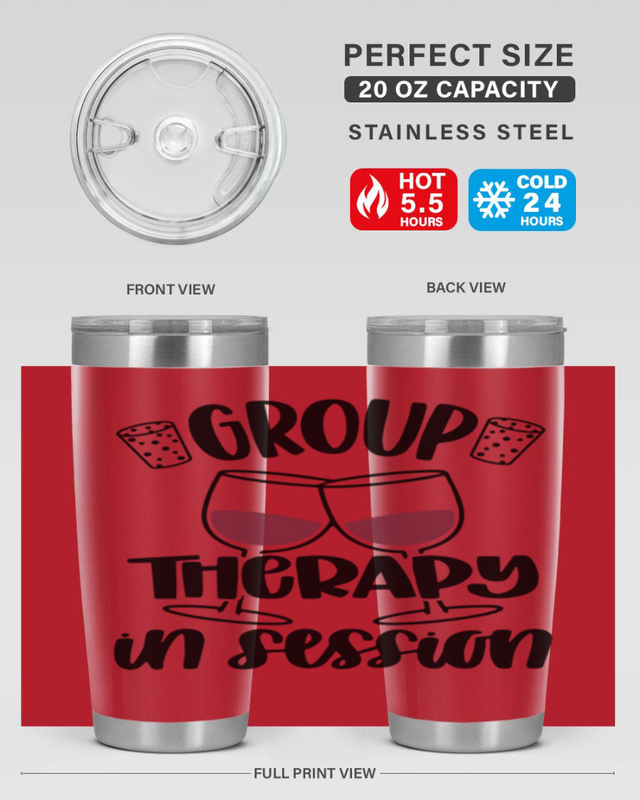 Group Therapy in Session 20oz Tumbler made of stainless steel with a copper lining, featuring a drink-thru lid, ideal for hot and cold beverages.