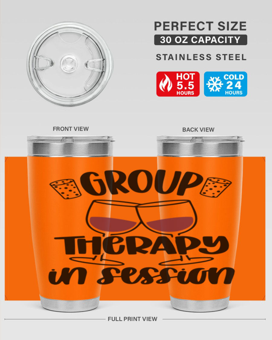 Group Therapy in Session 20oz Tumbler made of stainless steel with a copper lining, featuring a drink-thru lid, ideal for hot and cold beverages.
