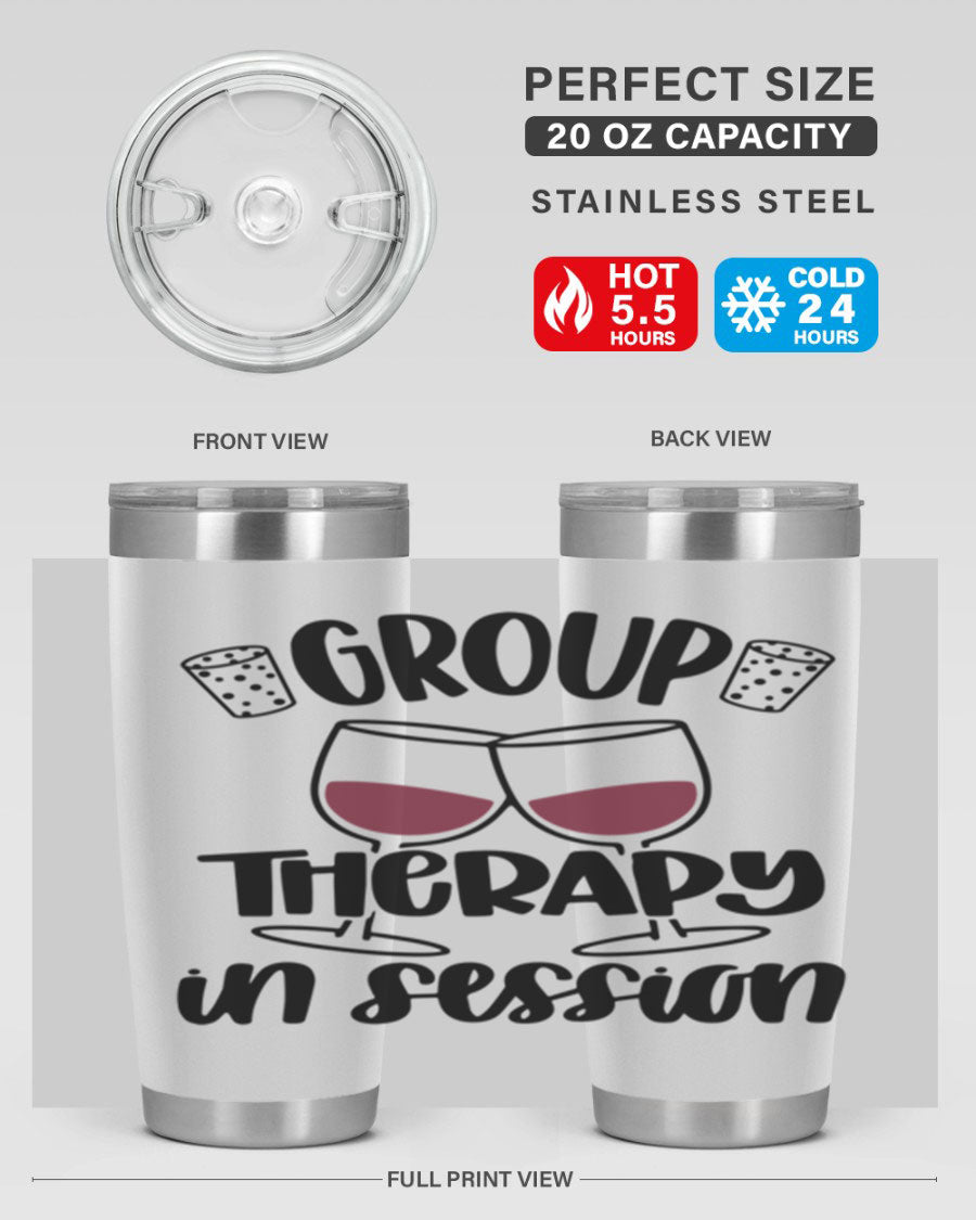 Group Therapy in Session 20oz Tumbler made of stainless steel with a copper lining, featuring a drink-thru lid, ideal for hot and cold beverages.