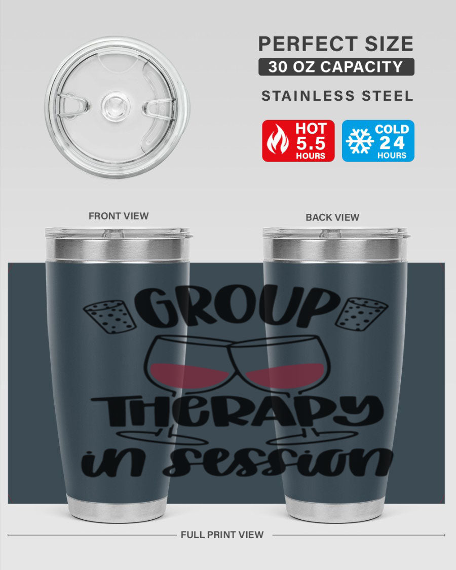 Group Therapy in Session 20oz Tumbler made of stainless steel with a copper lining, featuring a drink-thru lid, ideal for hot and cold beverages.