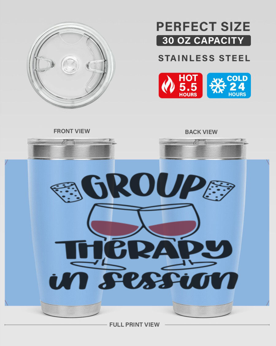 Group Therapy in Session 20oz Tumbler made of stainless steel with a copper lining, featuring a drink-thru lid, ideal for hot and cold beverages.