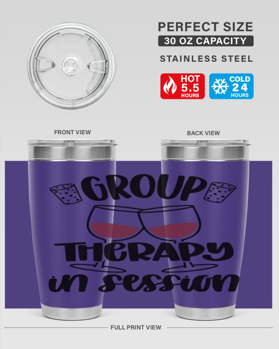 Group Therapy in Session 20oz Tumbler made of stainless steel with a copper lining, featuring a drink-thru lid, ideal for hot and cold beverages.