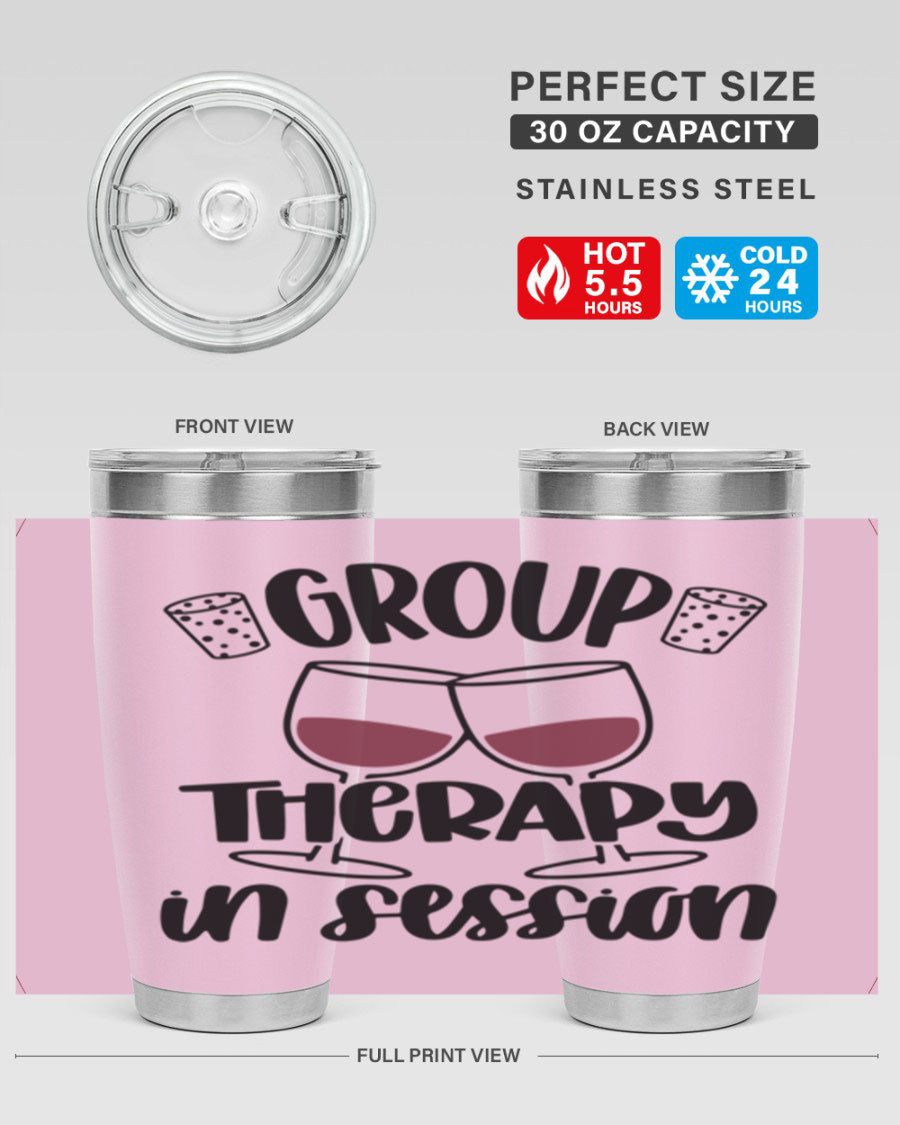 Group Therapy in Session 20oz Tumbler made of stainless steel with a copper lining, featuring a drink-thru lid, ideal for hot and cold beverages.