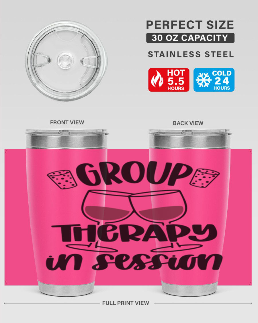 Group Therapy in Session 20oz Tumbler made of stainless steel with a copper lining, featuring a drink-thru lid, ideal for hot and cold beverages.