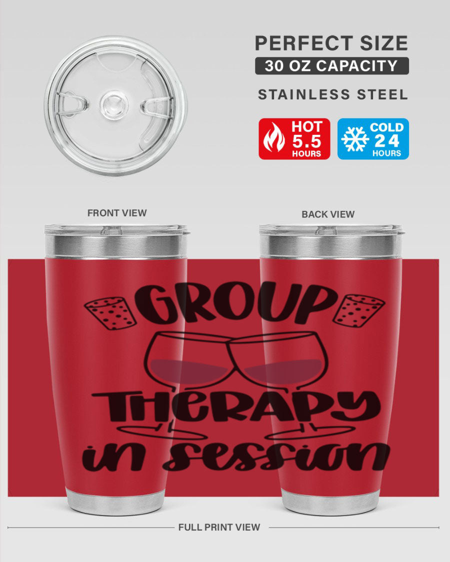 Group Therapy in Session 20oz Tumbler made of stainless steel with a copper lining, featuring a drink-thru lid, ideal for hot and cold beverages.