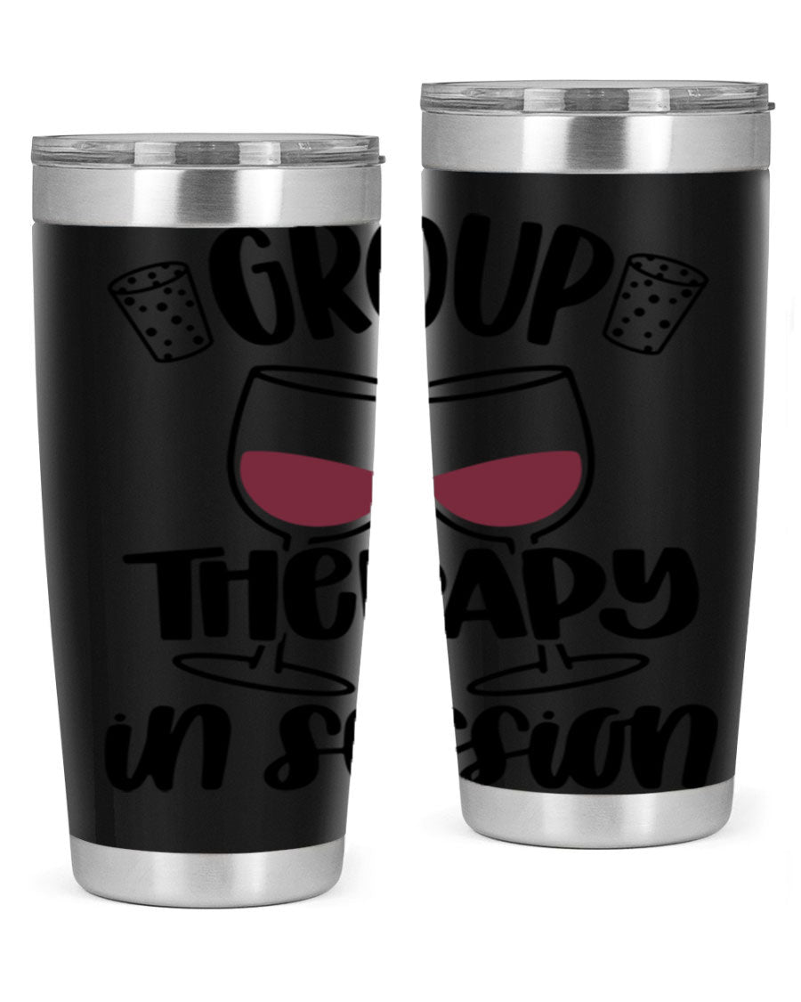 Group Therapy in Session 20oz Tumbler made of stainless steel with a copper lining, featuring a drink-thru lid, ideal for hot and cold beverages.