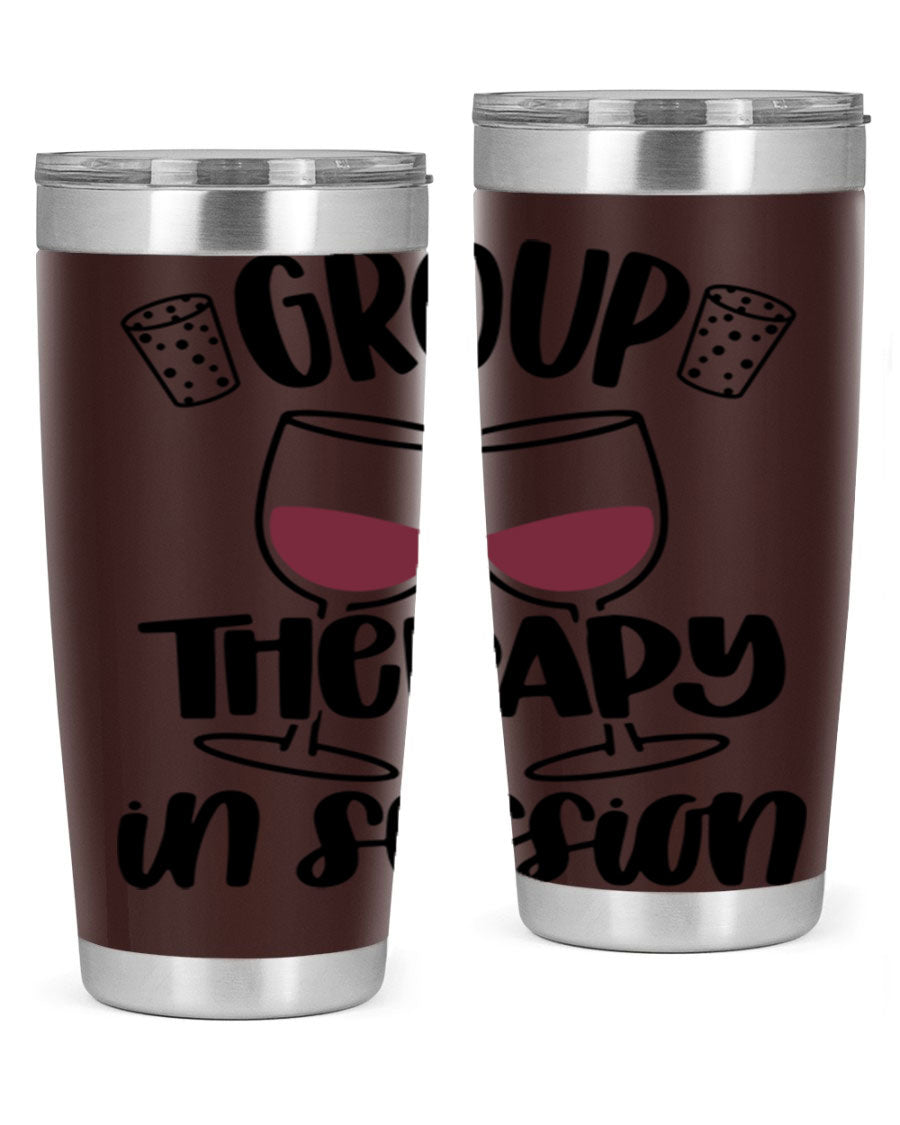 Group Therapy in Session 20oz Tumbler made of stainless steel with a copper lining, featuring a drink-thru lid, ideal for hot and cold beverages.