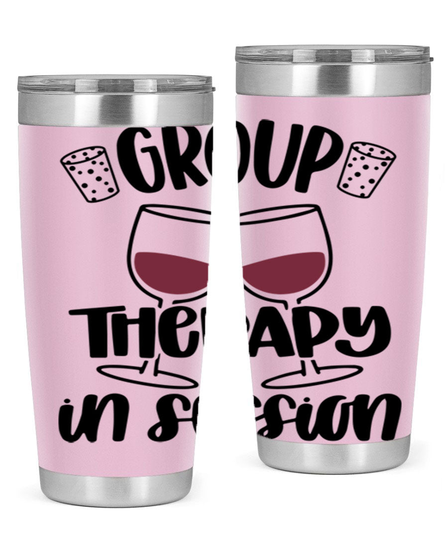 Group Therapy in Session 20oz Tumbler made of stainless steel with a copper lining, featuring a drink-thru lid, ideal for hot and cold beverages.