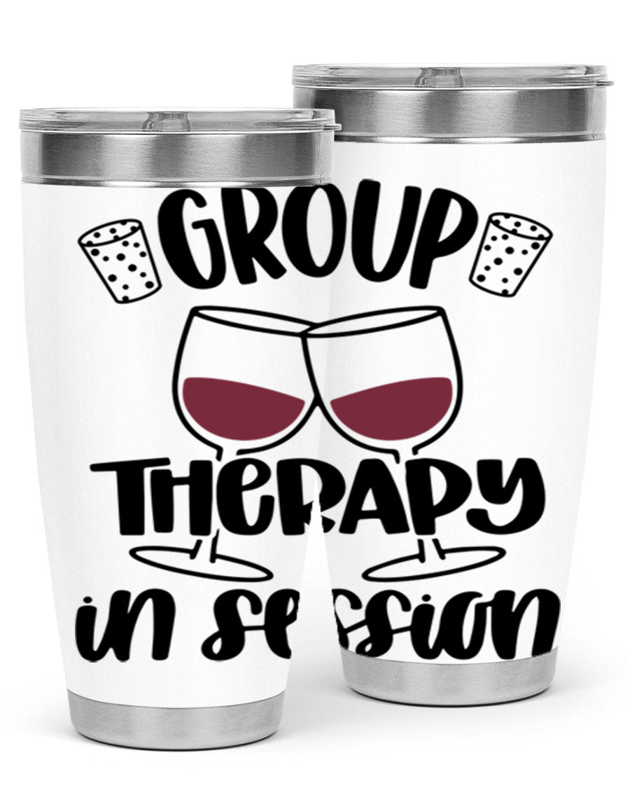 Group Therapy in Session 20oz Tumbler made of stainless steel with a copper lining, featuring a drink-thru lid, ideal for hot and cold beverages.
