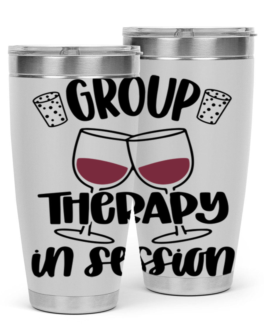 Group Therapy in Session 20oz Tumbler made of stainless steel with a copper lining, featuring a drink-thru lid, ideal for hot and cold beverages.