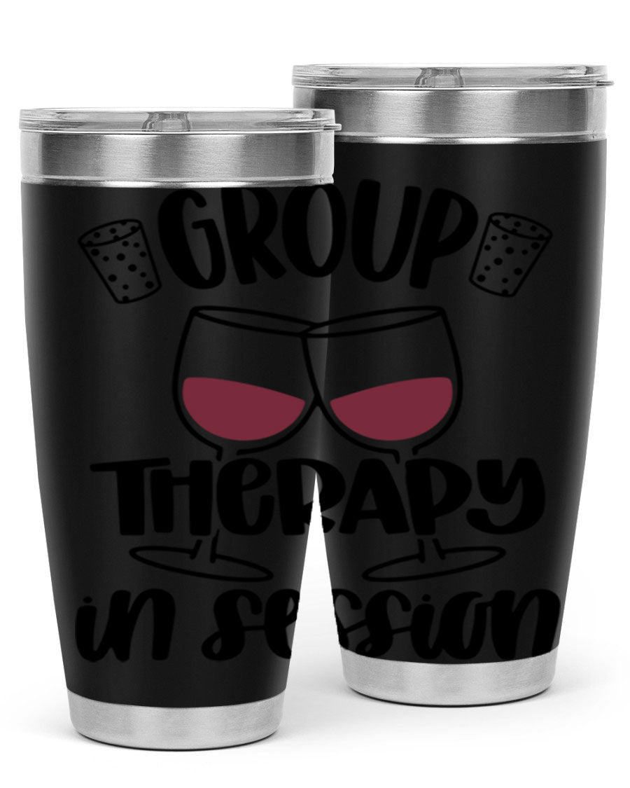 Group Therapy in Session 20oz Tumbler made of stainless steel with a copper lining, featuring a drink-thru lid, ideal for hot and cold beverages.