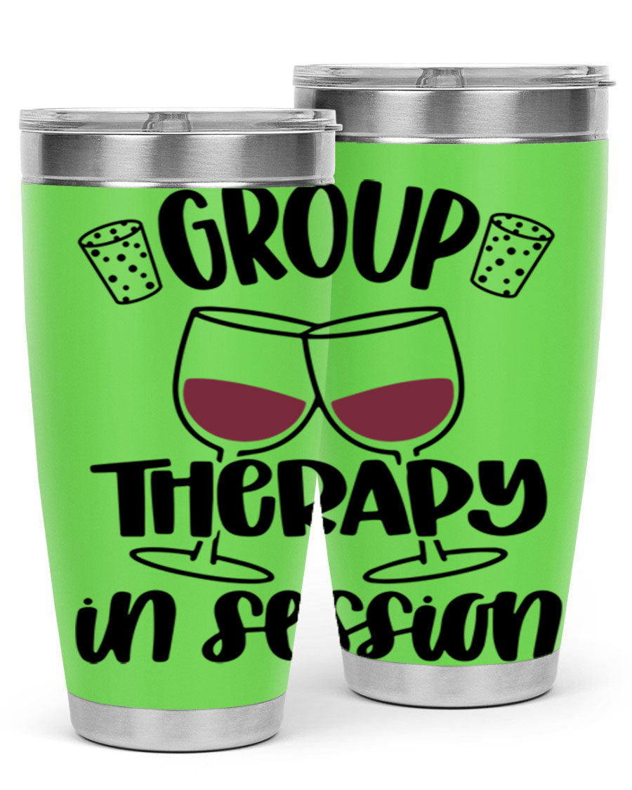 Group Therapy in Session 20oz Tumbler made of stainless steel with a copper lining, featuring a drink-thru lid, ideal for hot and cold beverages.