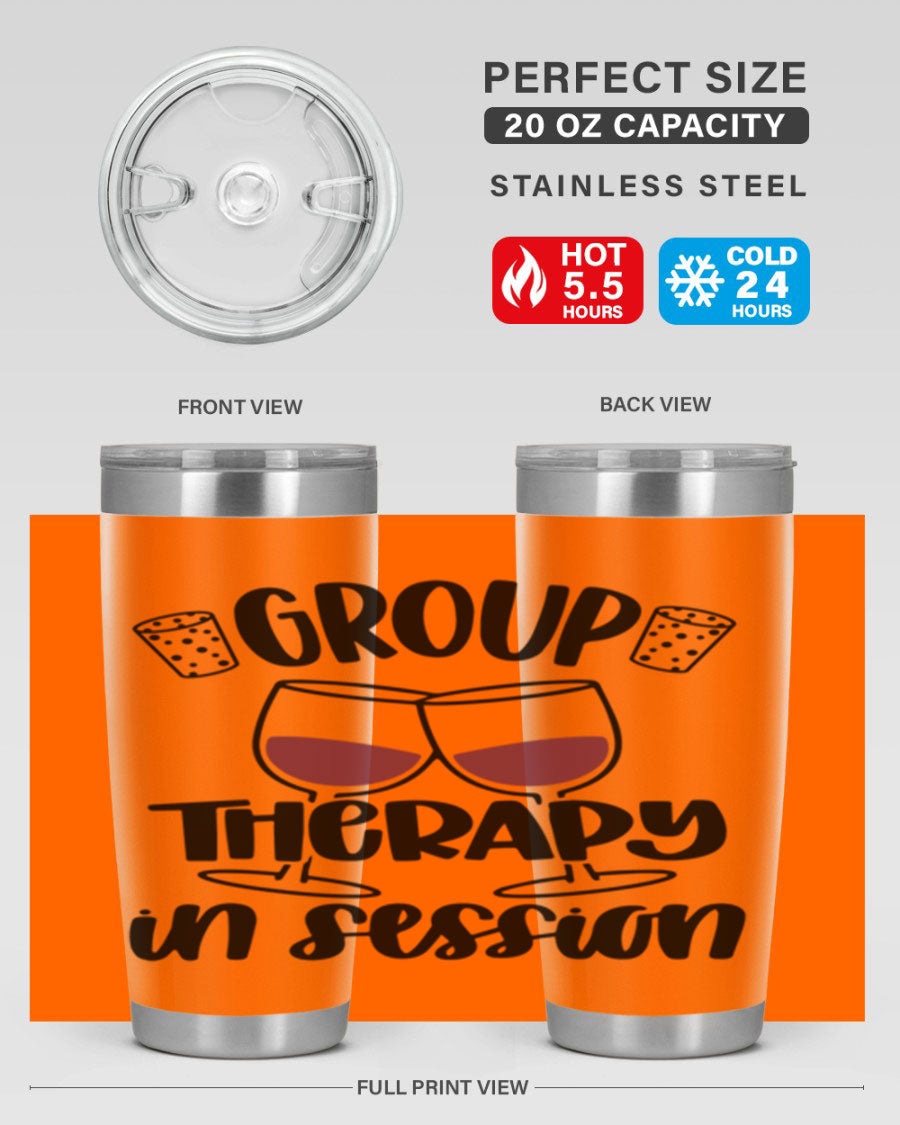 Group Therapy in Session 20oz Tumbler made of stainless steel with a copper lining, featuring a drink-thru lid, ideal for hot and cold beverages.