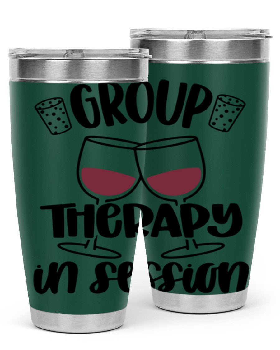 Group Therapy in Session 20oz Tumbler made of stainless steel with a copper lining, featuring a drink-thru lid, ideal for hot and cold beverages.