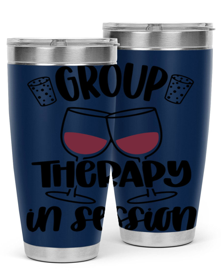 Group Therapy in Session 20oz Tumbler made of stainless steel with a copper lining, featuring a drink-thru lid, ideal for hot and cold beverages.