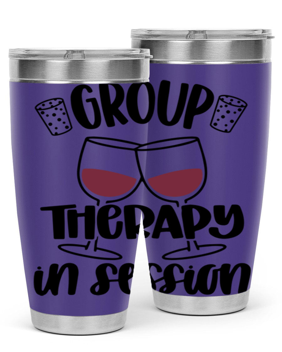 Group Therapy in Session 20oz Tumbler made of stainless steel with a copper lining, featuring a drink-thru lid, ideal for hot and cold beverages.