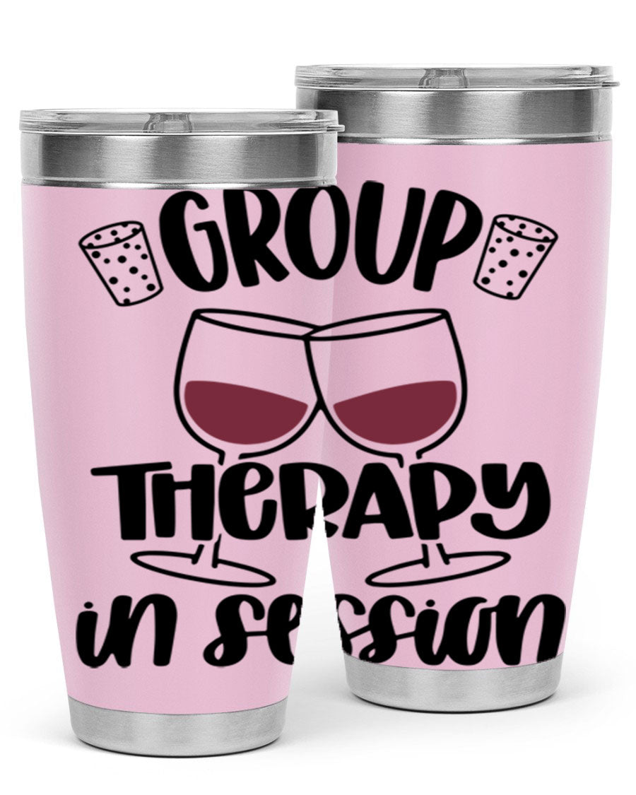 Group Therapy in Session 20oz Tumbler made of stainless steel with a copper lining, featuring a drink-thru lid, ideal for hot and cold beverages.