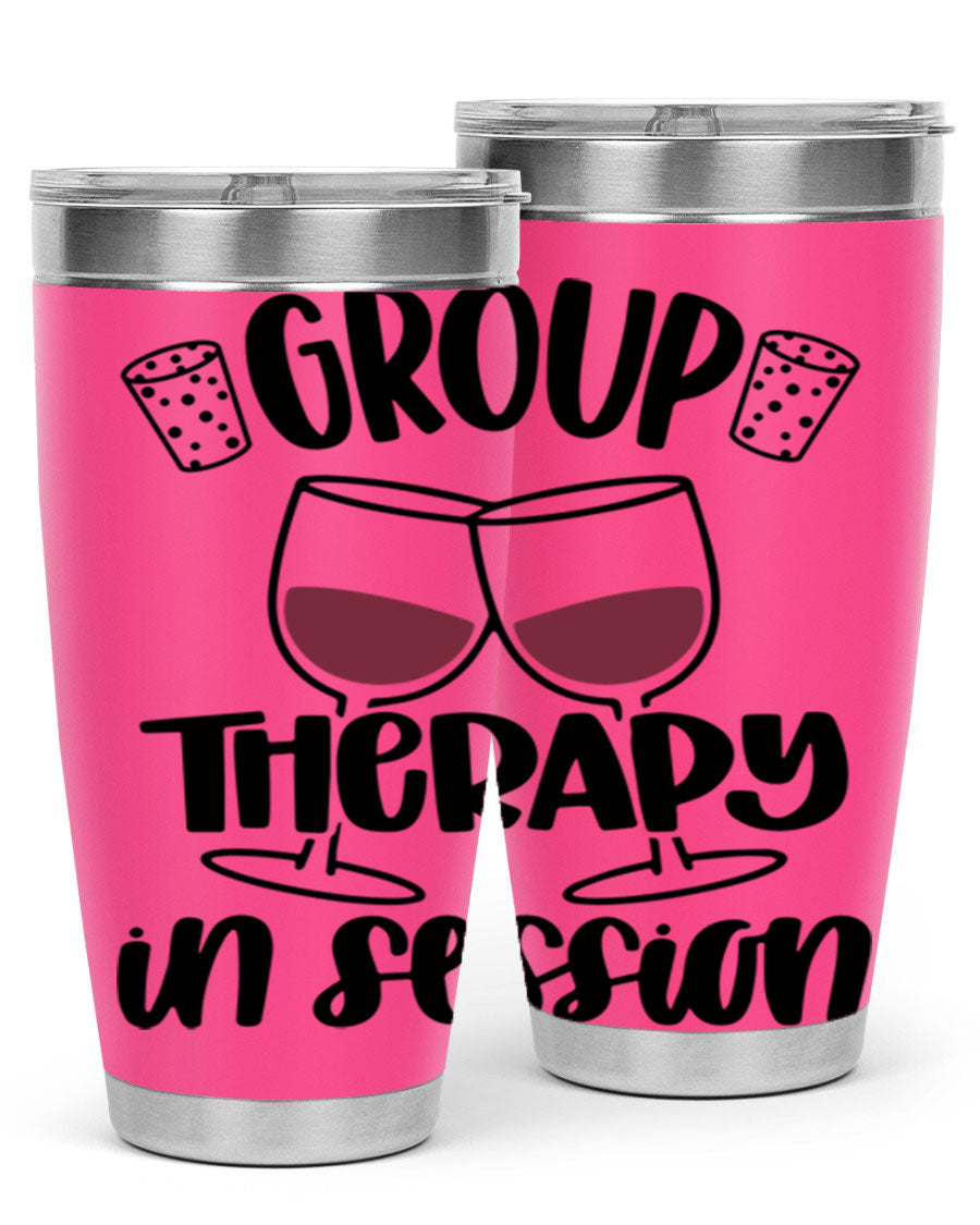 Group Therapy in Session 20oz Tumbler made of stainless steel with a copper lining, featuring a drink-thru lid, ideal for hot and cold beverages.